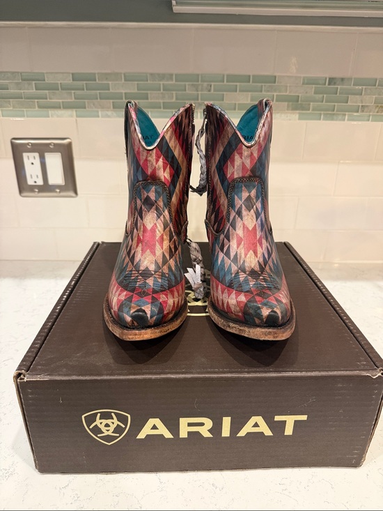 Ariat Shoes - New in Box Ariat Teal Red Blue Southwestern Geometric Western Ankle Boots size 8